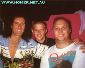 Brian May, Neil Twiddle and Homer backstage during his tour of Australia. Brian was a thorough gentleman, and thanks to Eddie, without whom this meeting would never have happened. 